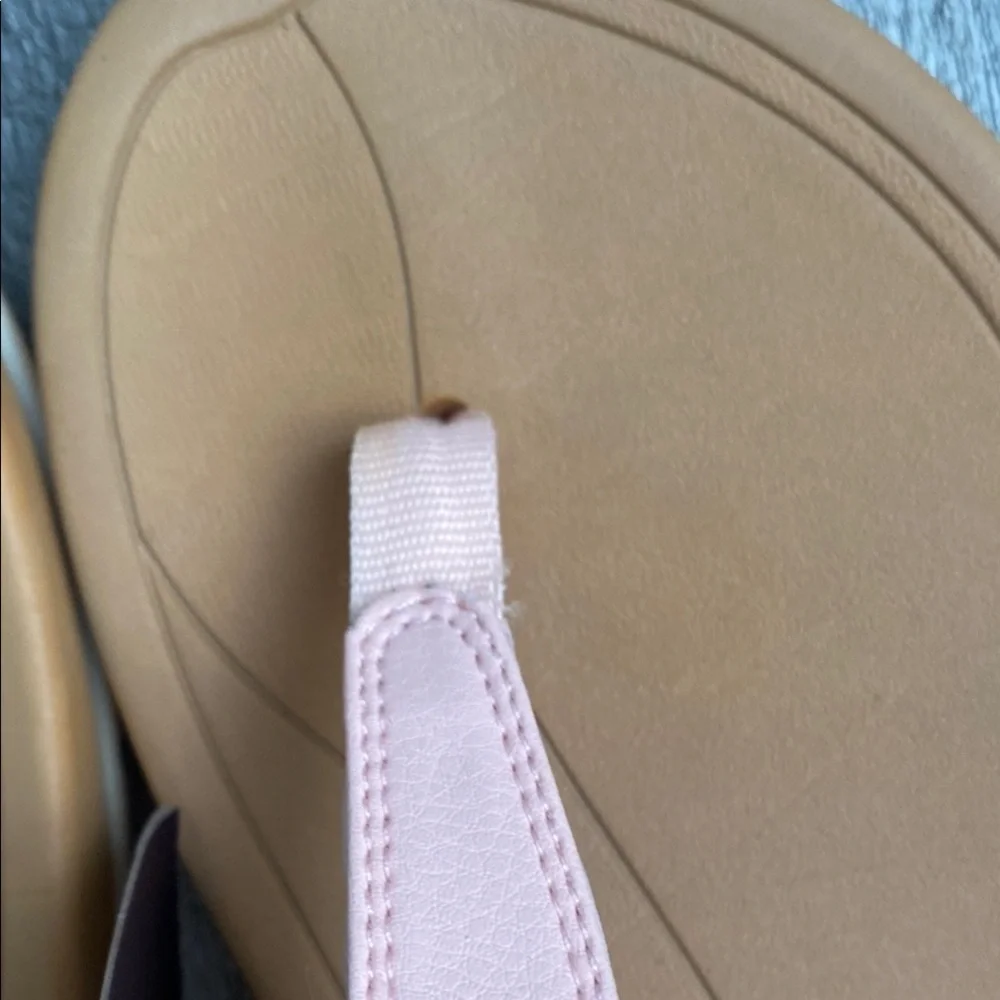 Pink and Tan Flip-Flop Sandals with Quilted T-Strap